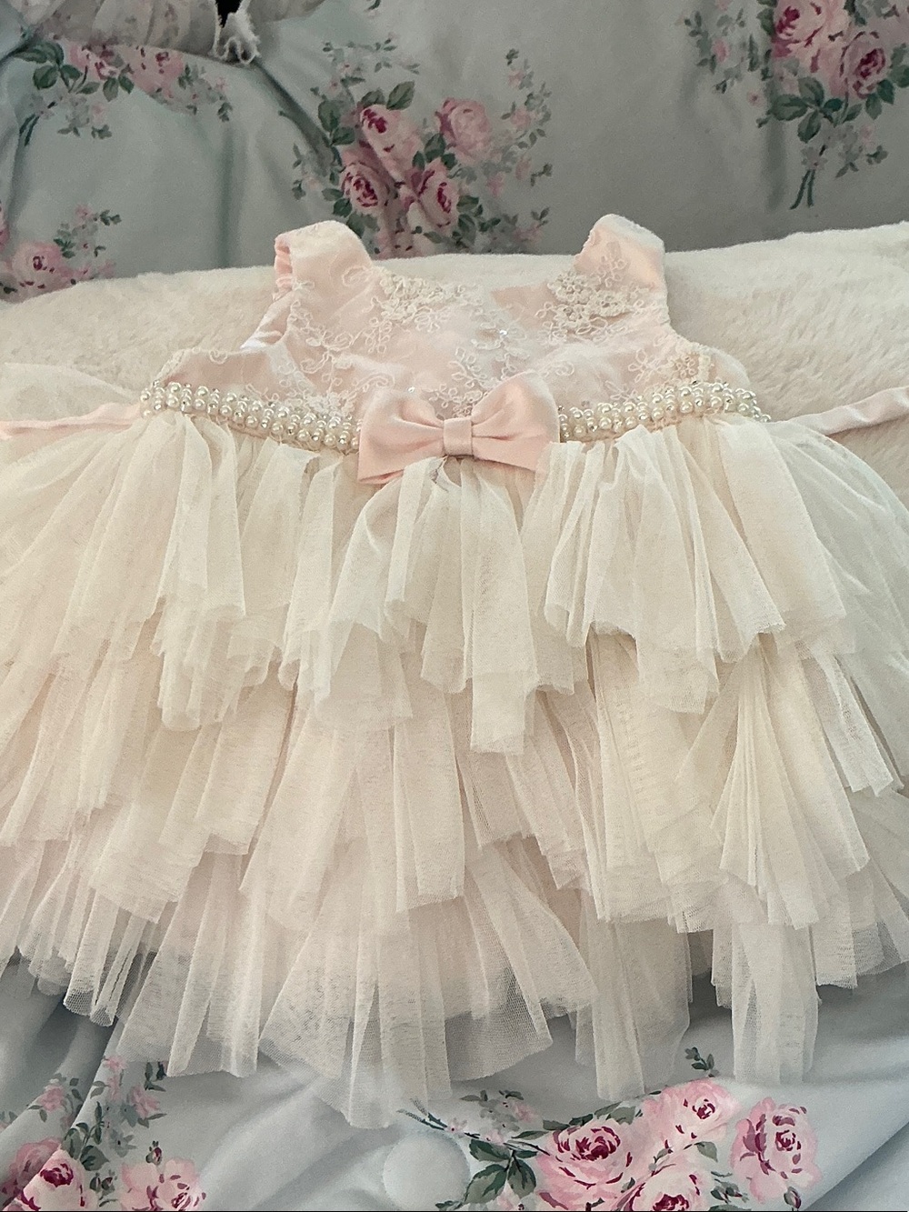 American Princess Pink and Cream Lace Tulle Dress with Pearl Trim